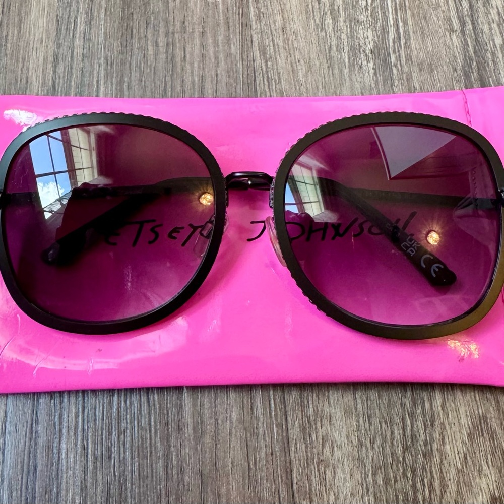 Betsey Johnson Black Oversized Sunglasses with Pink Rhinestone Trim